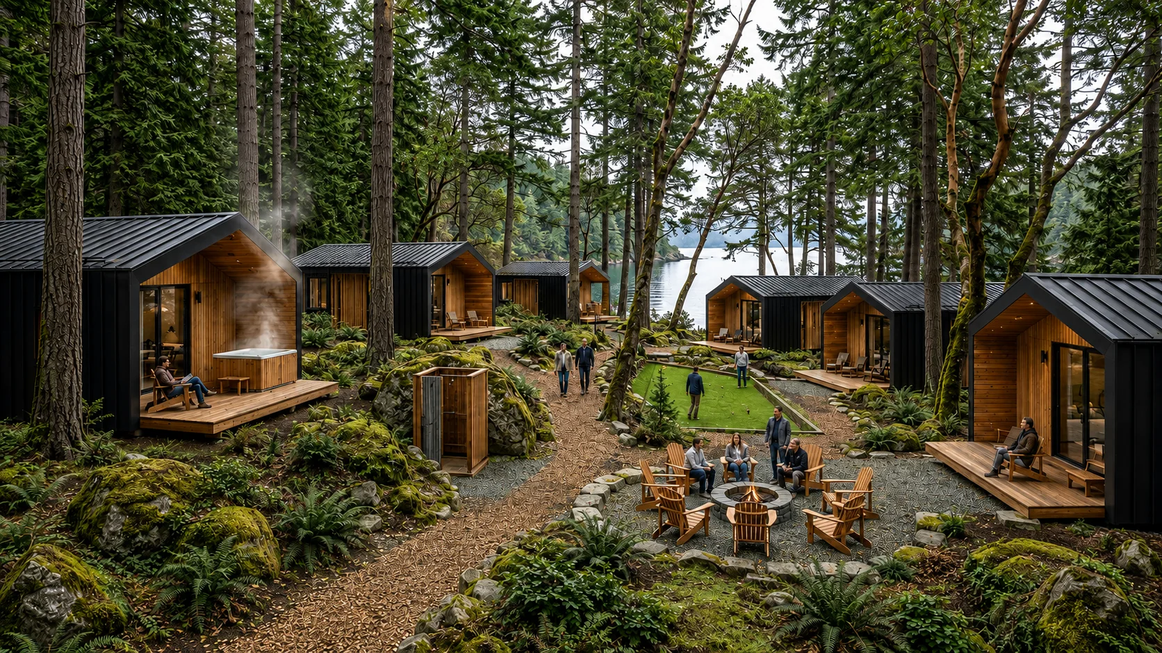 Conceptual render: a Placemark Builds project among coastal forest, cabins around a firepit clearing