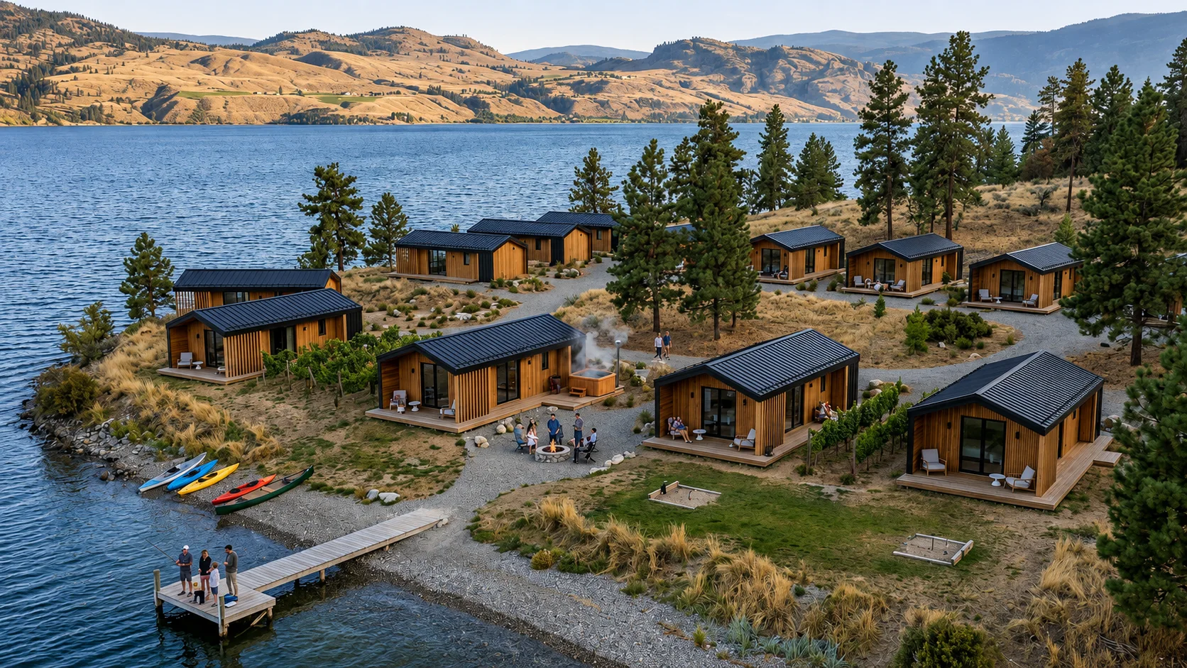 Conceptual render: a lakefront Placemark Builds project along a grassland shoreline