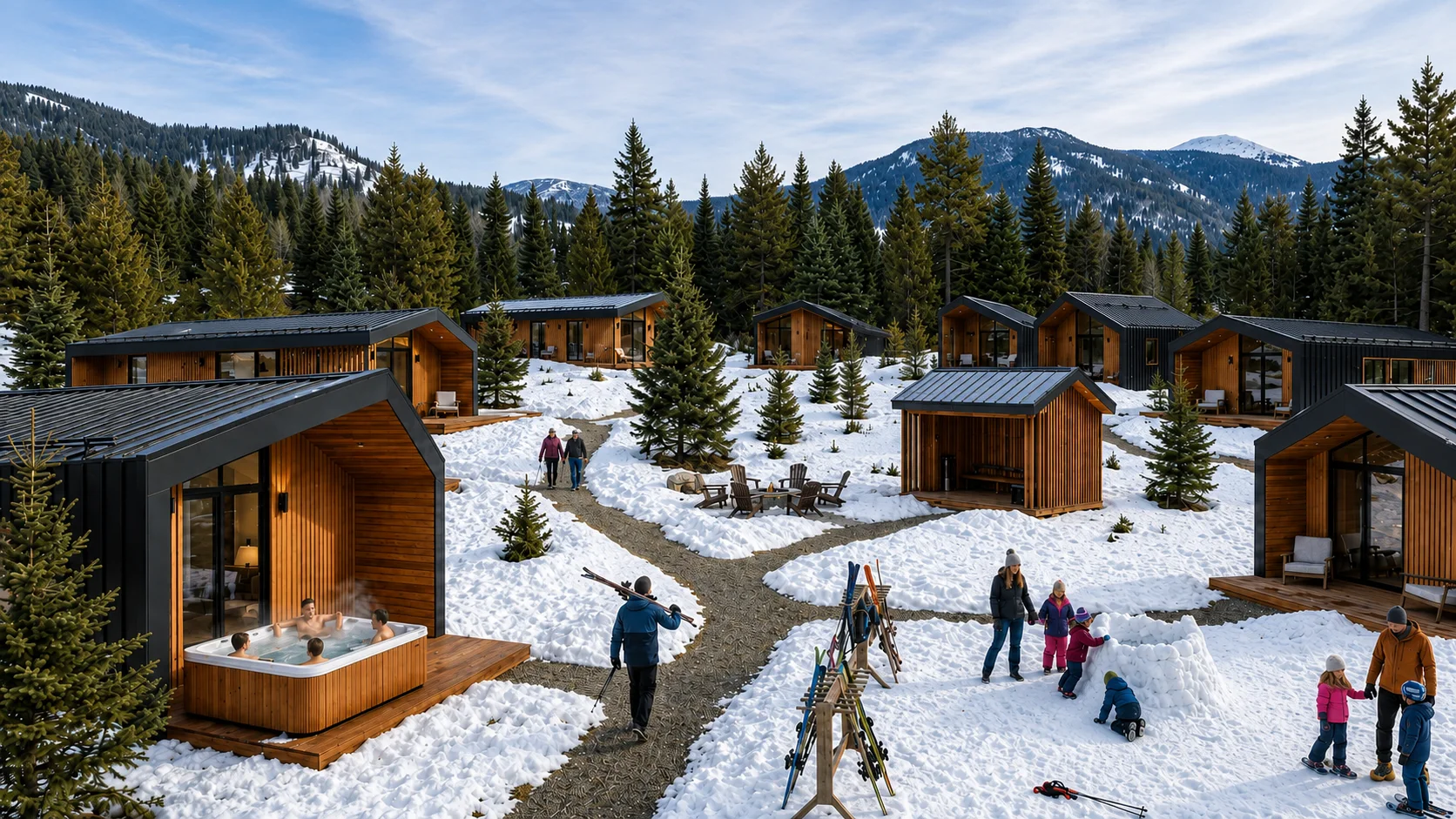 Conceptual render: a Placemark Builds project in winter, cabins and shared paths in the snow with mountains behind