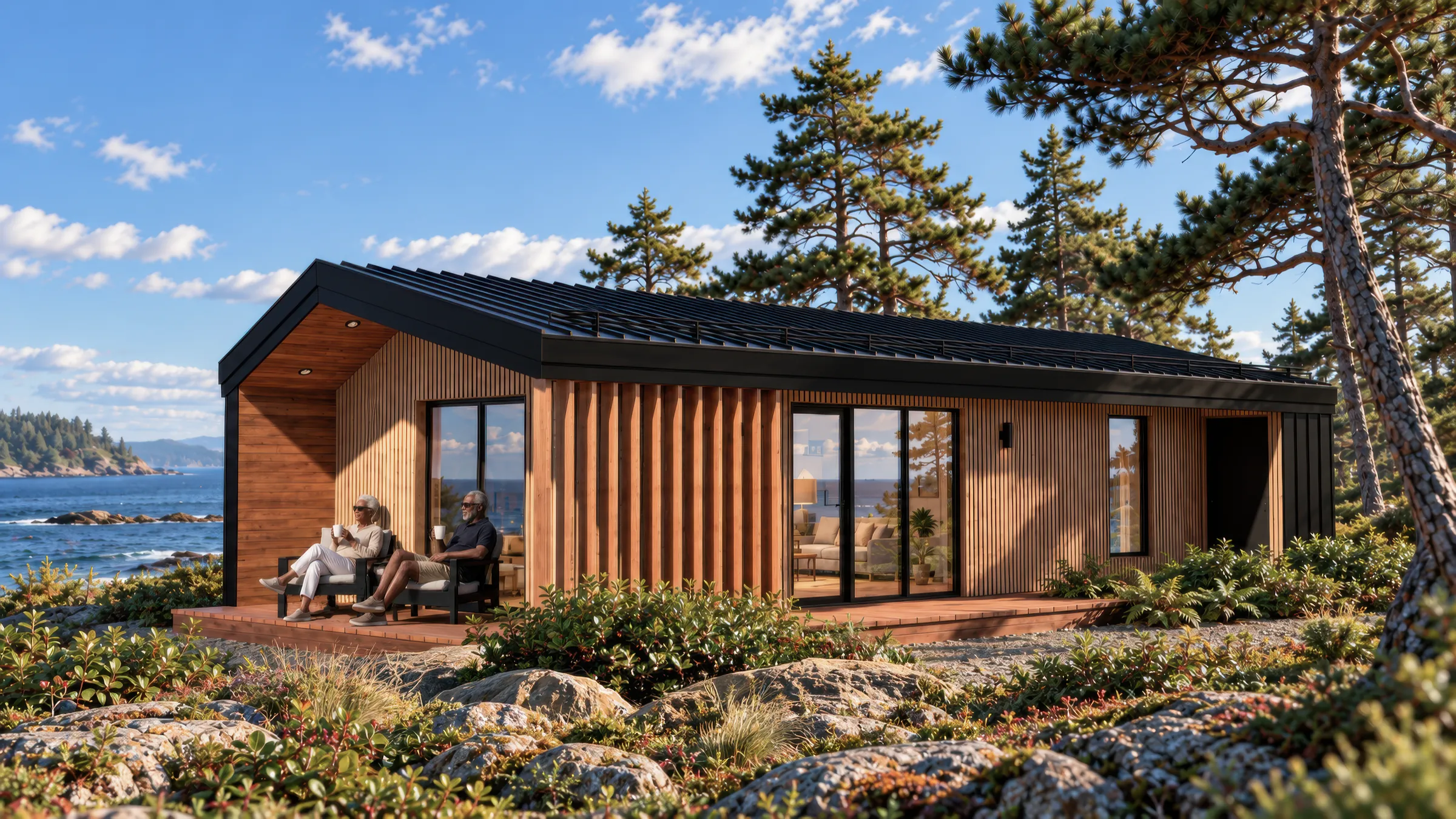 The Cove exterior render: one-bedroom, single-storey modular cabin on a rocky shoreline