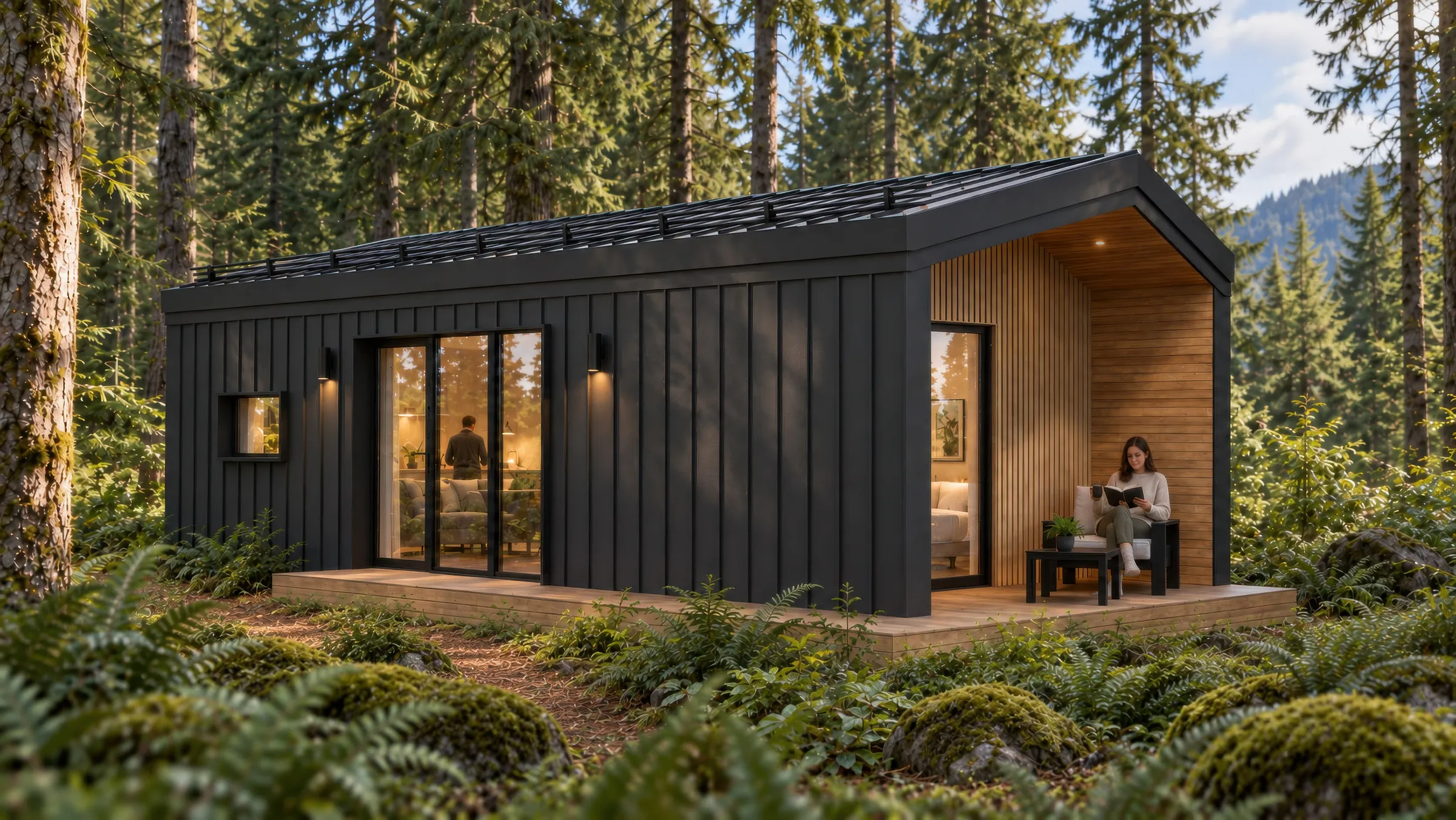 The Ledge exterior render: studio, single-storey modular cabin in a forest clearing