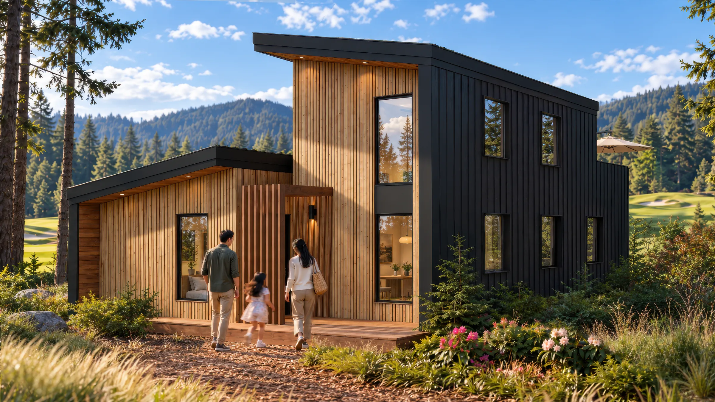 The Lookout exterior render: two-bedroom plus flex room, two-storey modular cabin at a forest edge