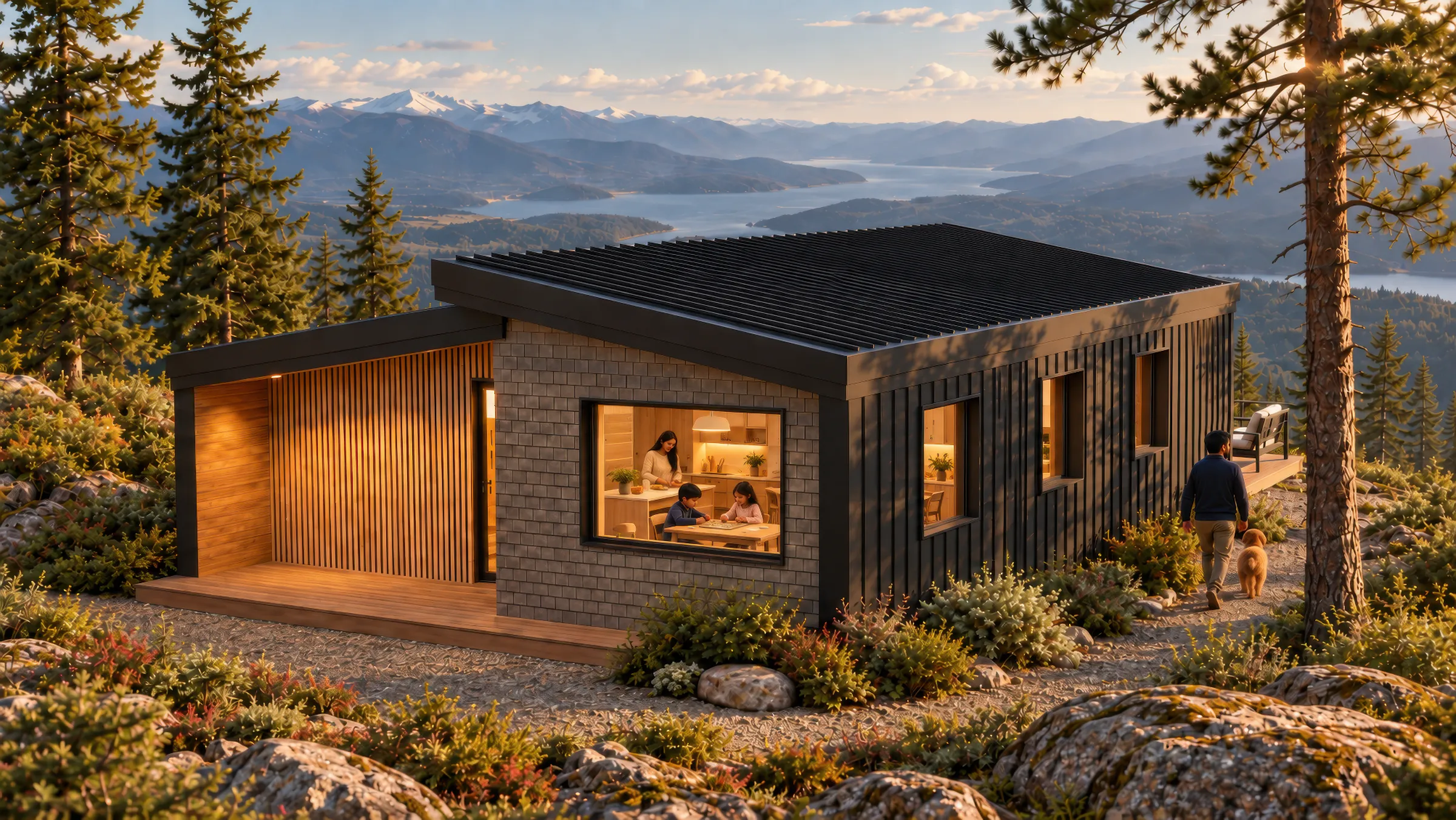 The Ridge exterior render: three-bedroom, single-storey modular cabin on a hillside above a lake