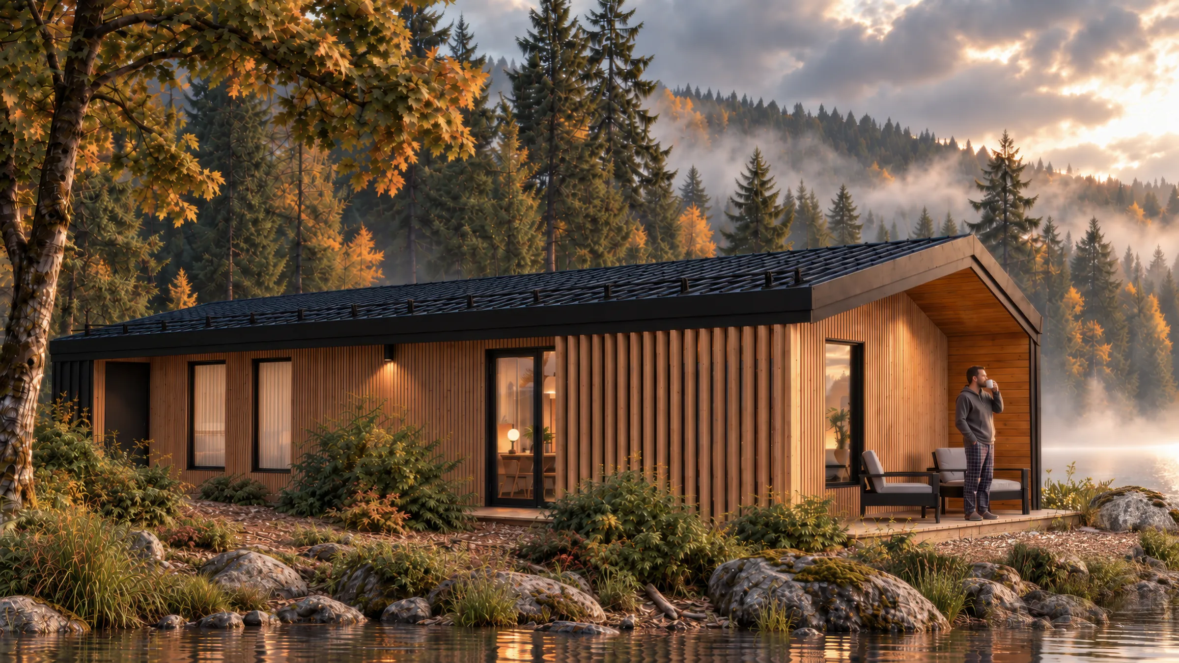 The Rise exterior render: two-bedroom, single-storey modular cabin beside a lake in autumn