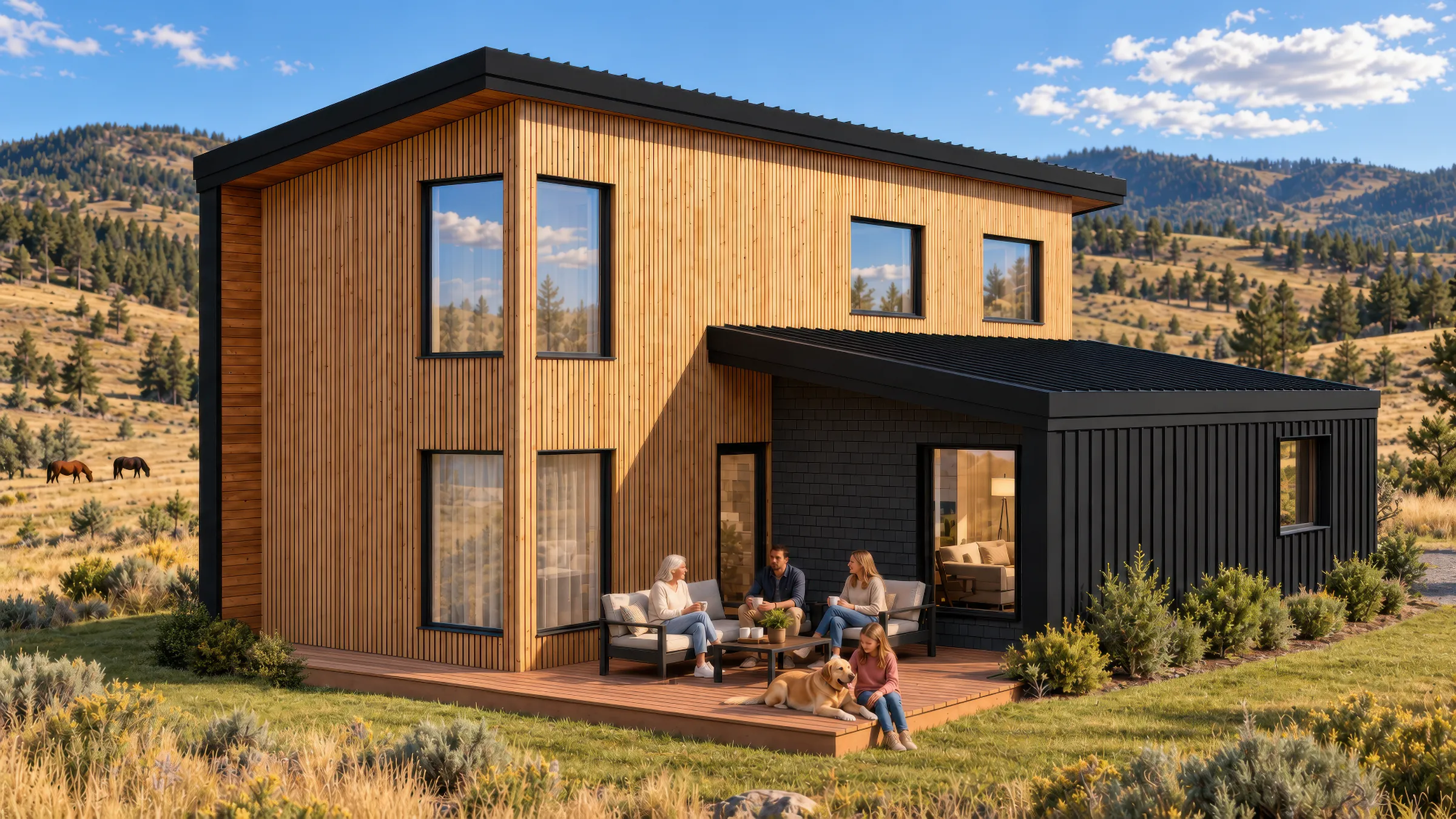 The Summit exterior render: three-bedroom, two-storey modular cabin in rolling grassland