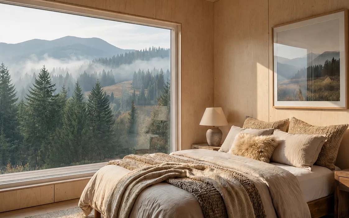 The Cove bedroom, bed beside a full-width window onto forested hills