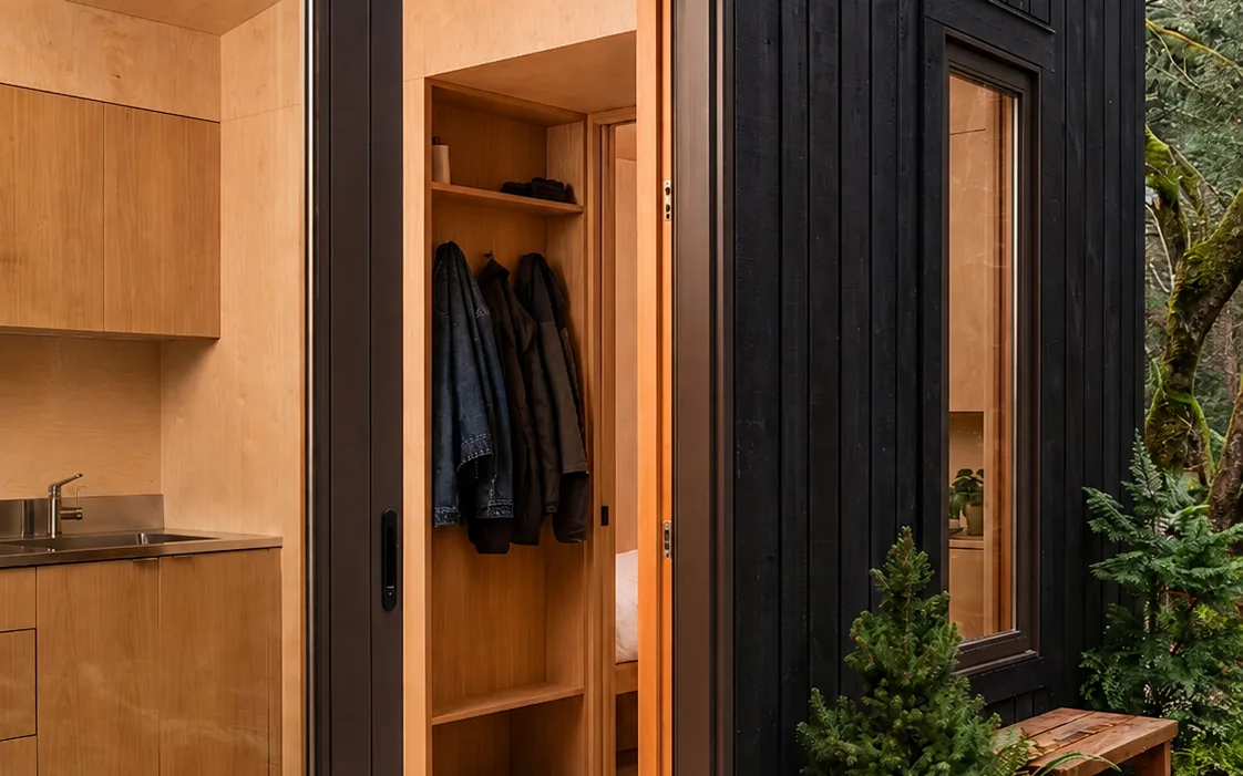 The Ledge covered entry, dark-clad exterior with the door open to the entry shelving
