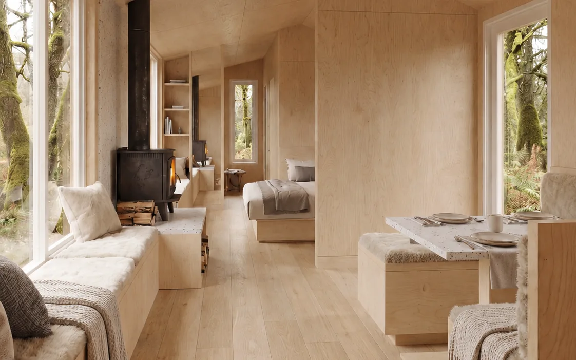 The Ridge interior, window seat and wood stove with the sleeping area beyond