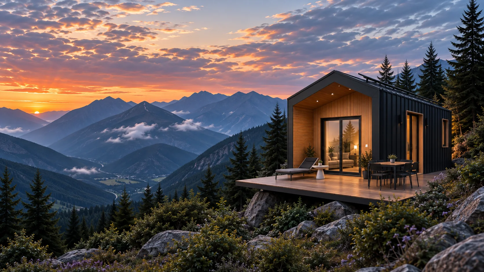 A cabin at mountain sunset