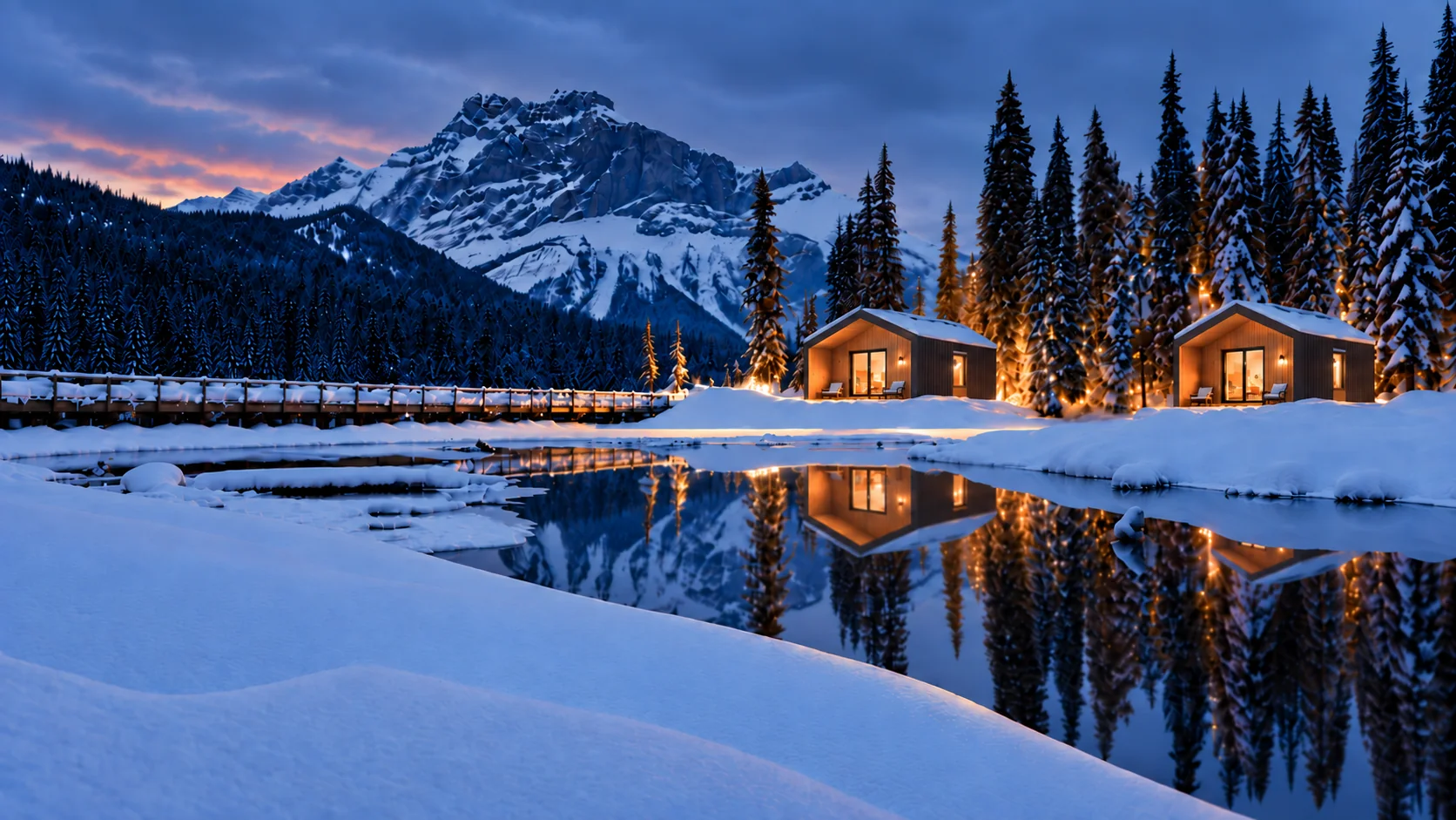 Cabins beside a winter lake at dusk