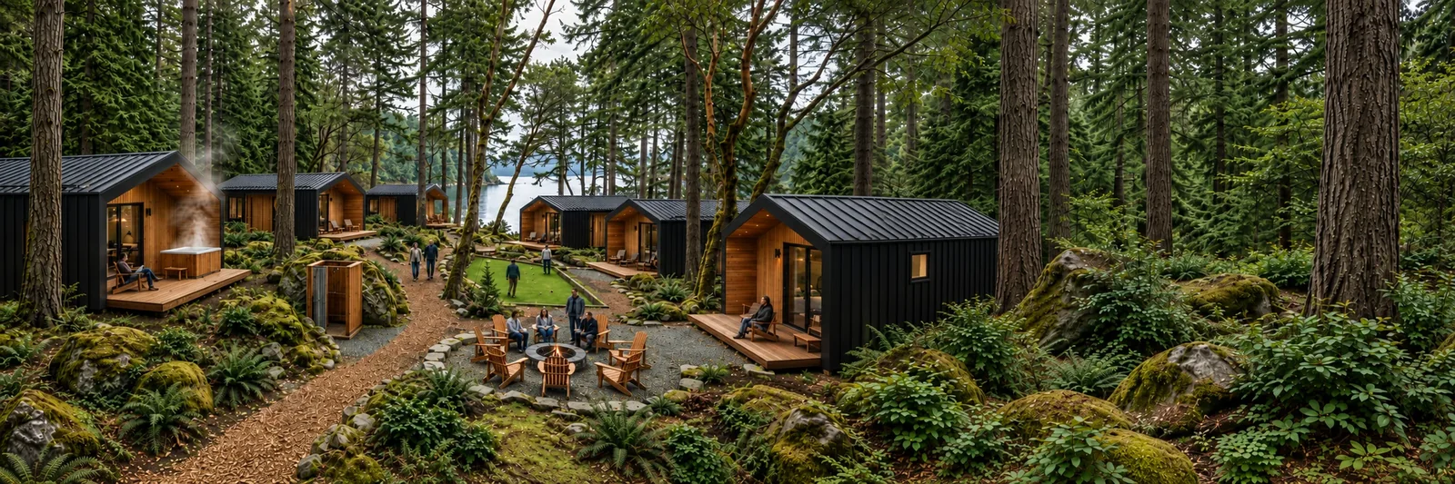 Conceptual render: a first phase of six cabins among coastal forest, gathered around a firepit clearing