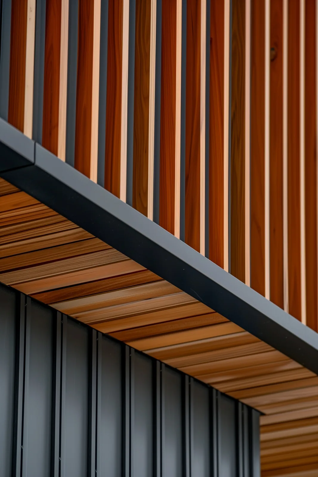 Detail of vertical cedar cladding meeting a black metal fascia, a wood soffit and standing-seam metal siding