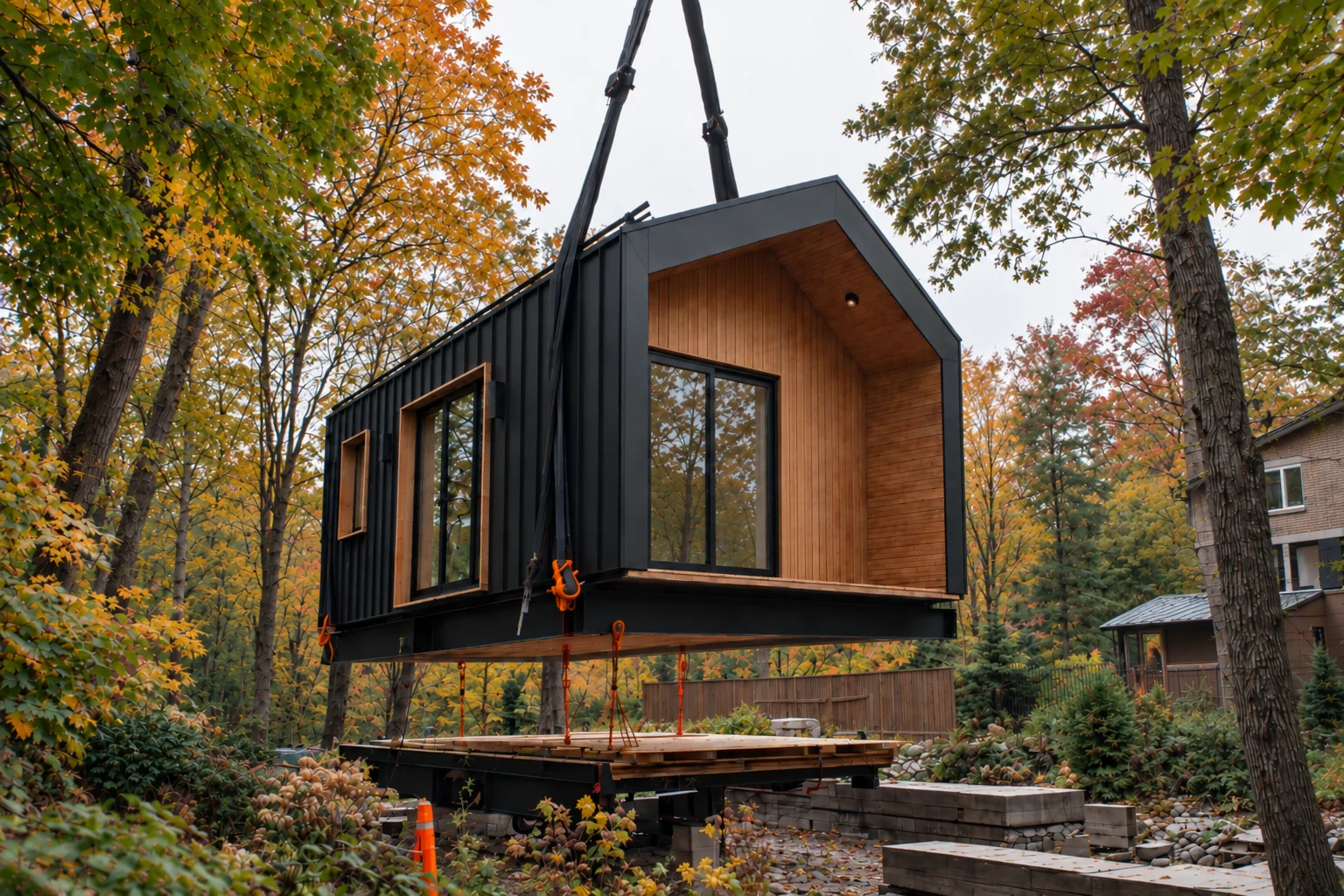 A finished Placemark Builds cabin module, black standing-seam cladding and a cedar gable end, being craned onto its foundation