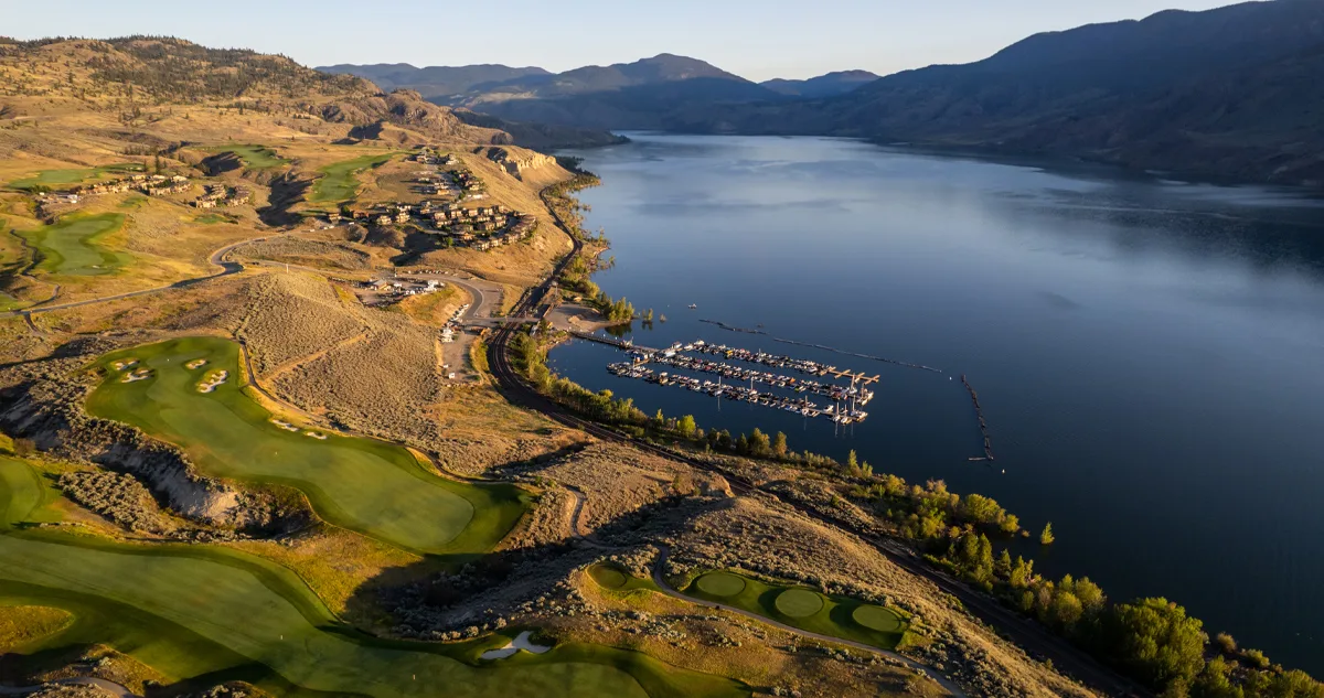 Tobiano Resort above Kamloops Lake at golden hour